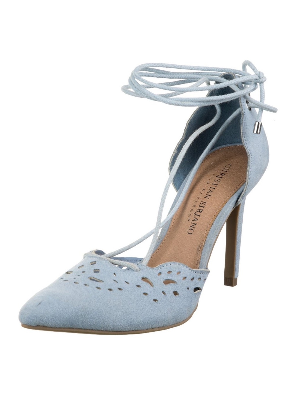 Christian Siriano Powder Blue Suede Laser-Cut Lace-Up Pointed Heel